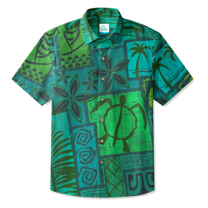 LeosWare® Men's Hawaiian Shirt Short Sleeve Button-up Breathable & Quick-Dry Aloha Tiki Mood(Deep Teal)