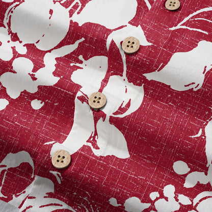 LeosWare® Flower Men's Hawaiian Shirt Short Sleeve Button-up 100% Cotton Red Aloha Crimson Blossom Harmony