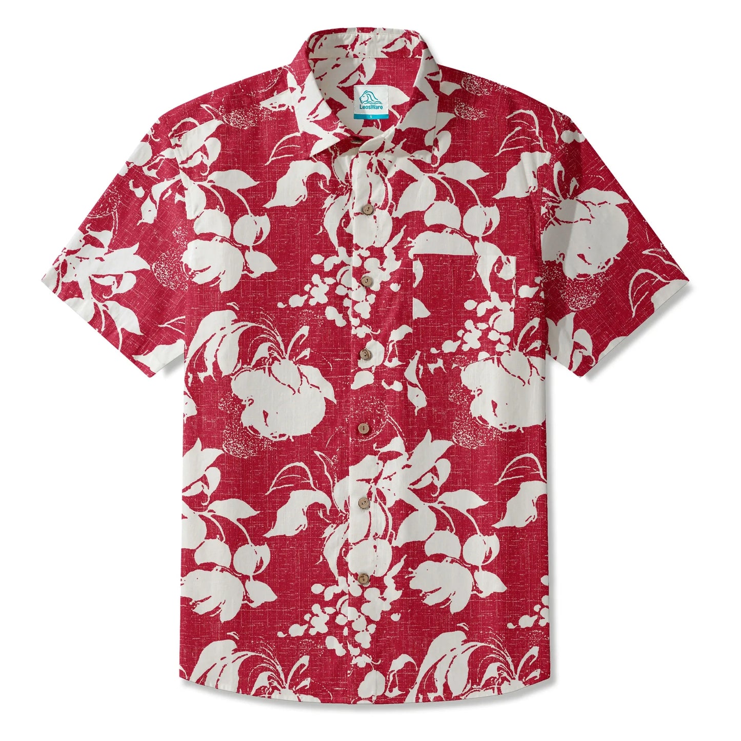 LeosWare® Flower Men's Hawaiian Shirt Short Sleeve Button-up 100% Cotton Red Aloha Crimson Blossom Harmony