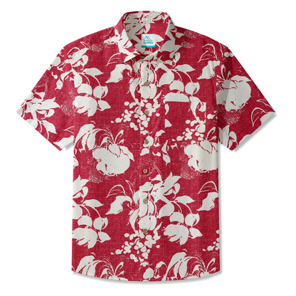 LeosWare® Flower Men's Hawaiian Shirt Short Sleeve Button-up 100% Cotton Red Aloha Crimson Blossom Harmony