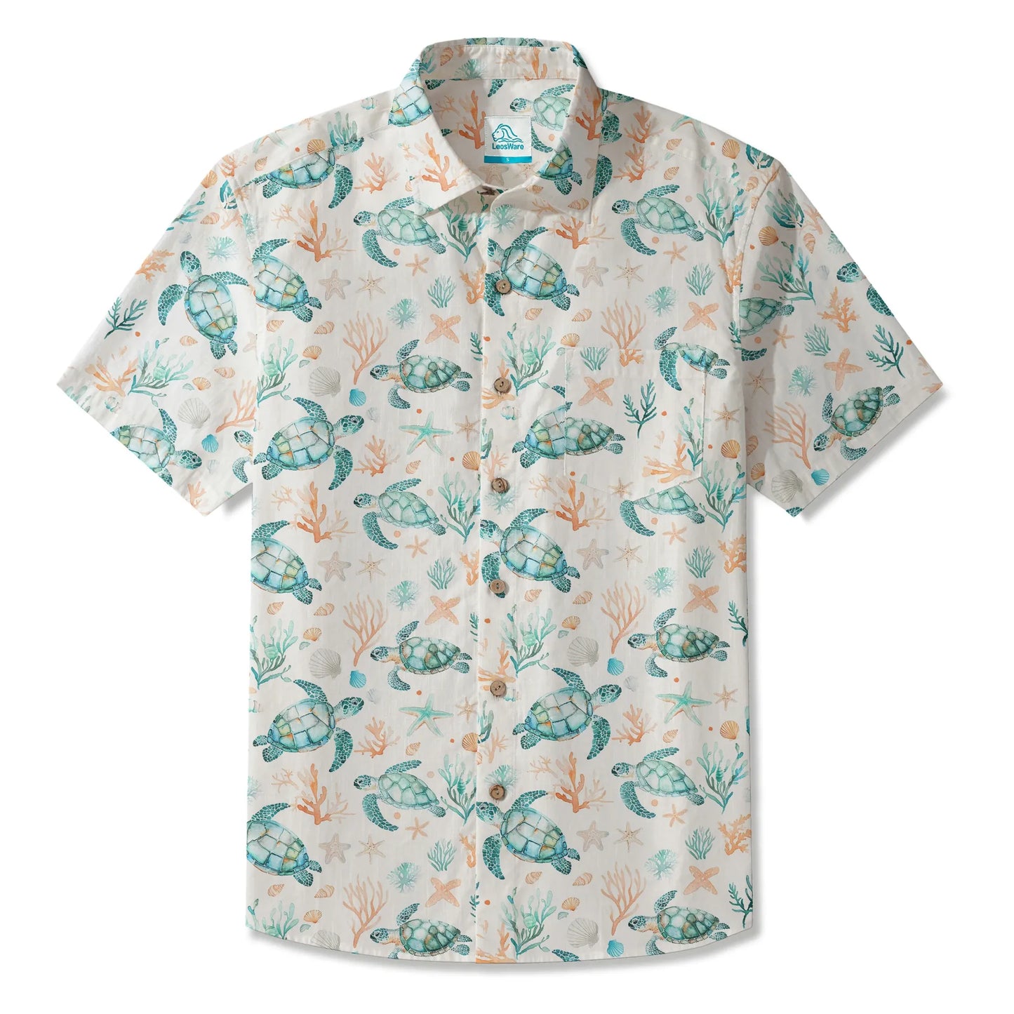 LeosWare® Men's Hawaiian Shirt Short Sleeve Button-up 100% Cotton Blue Aloha Coral Wonderland Of The Sea Turtle