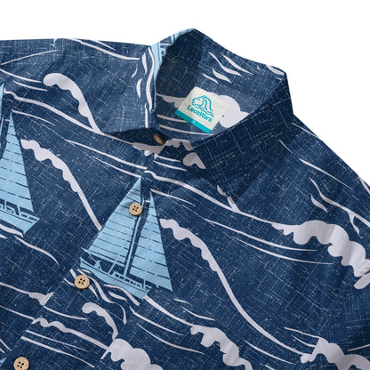 LeosWare® Sailboat Men's Hawaiian Shirt Short Sleeve Button-up 100% Cotton Blue Aloha Blue Sail Adventure