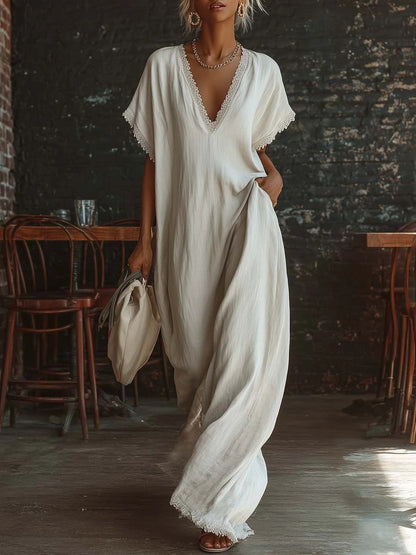 Lace-Trimmed Loose Linen Cotton Long Dress for Women