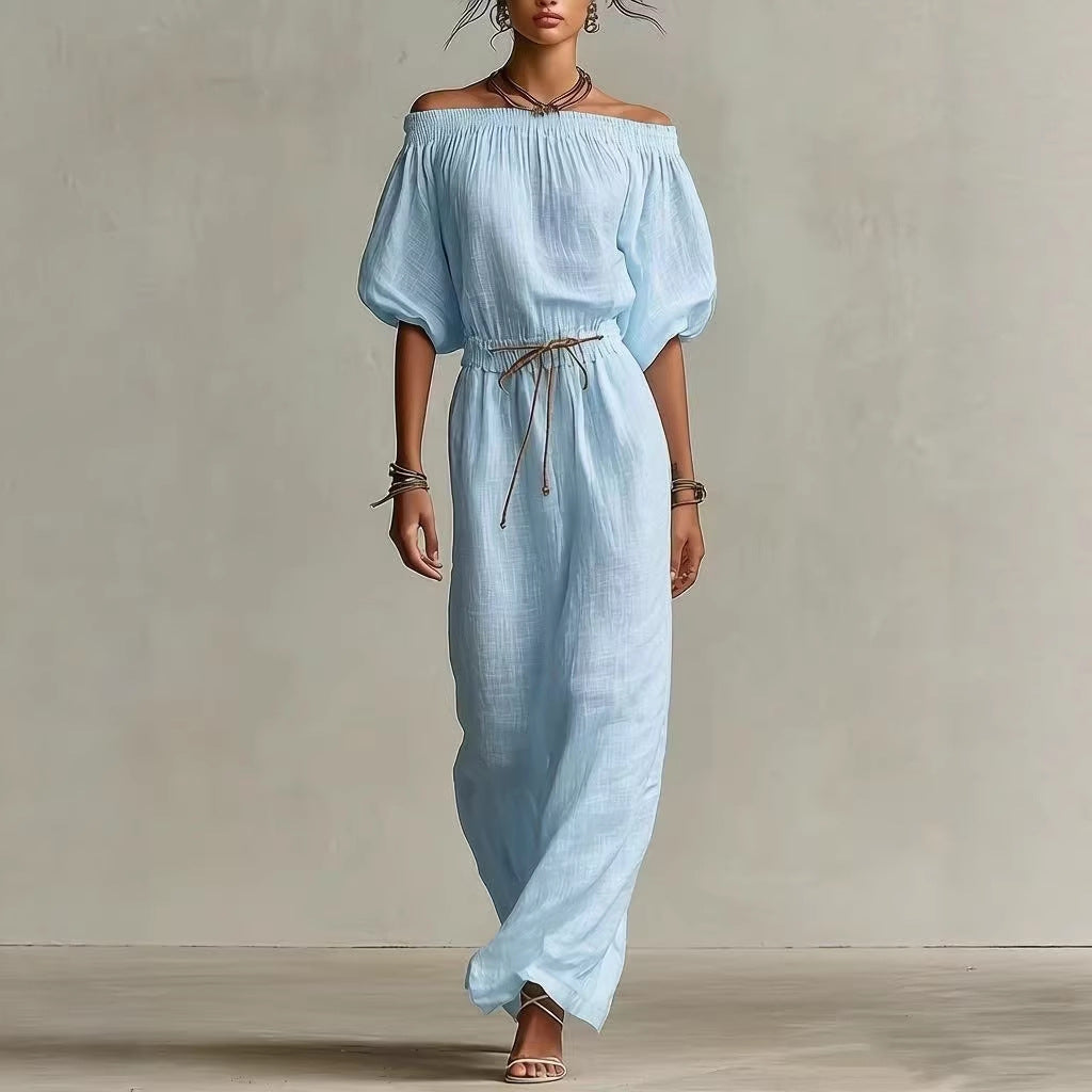 Women's Linen Pants Suit – Solid Color Lantern Sleeve Set