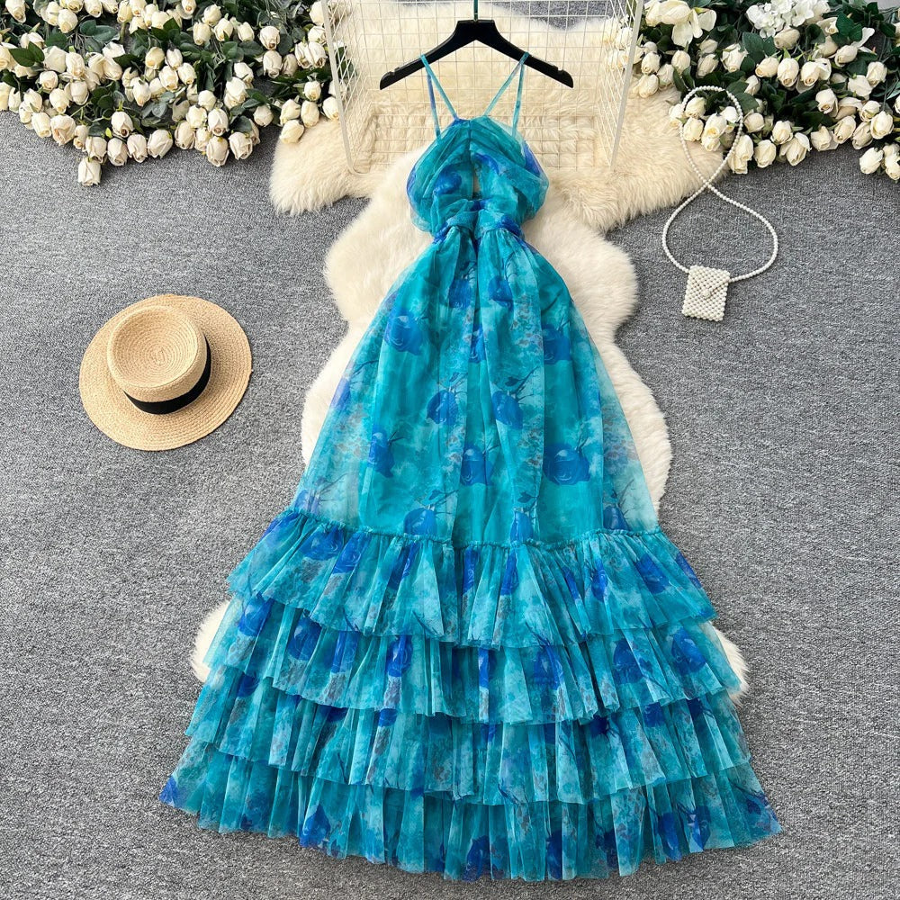 Vacation Halter Sleeveless Printed Dress – Tiered Mesh Cake Skirt, Flowy Summer Maxi