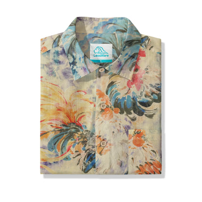 LeosWare® Men's Hawaiian Shirt Short Sleeve Button-up 100% Cotton Orange Aloha Enchanting Rooster
