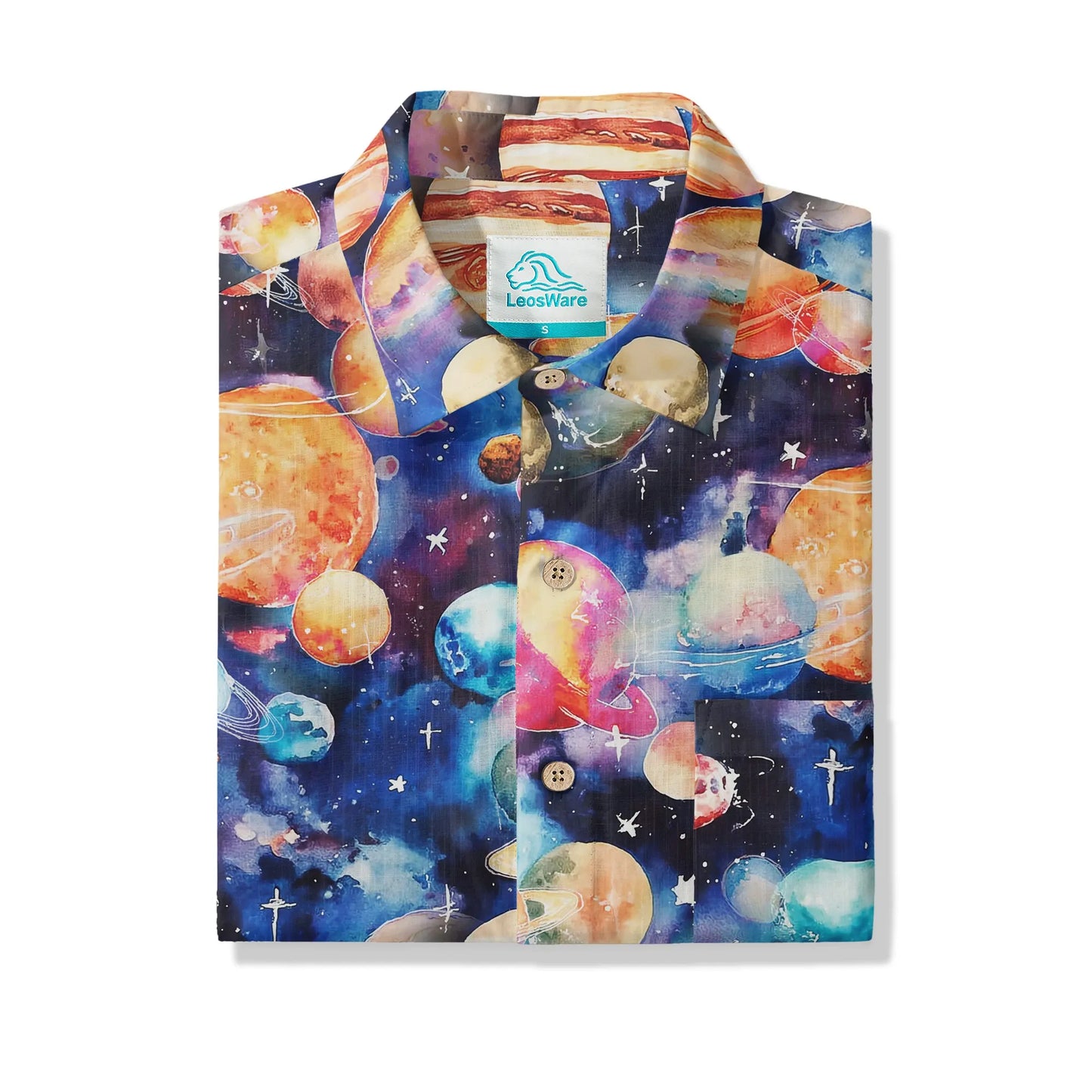 LeosWare® Men's Hawaiian Shirt Short Sleeve Button-up 100% Cotton Blue Aloha Watercolor Star Dream