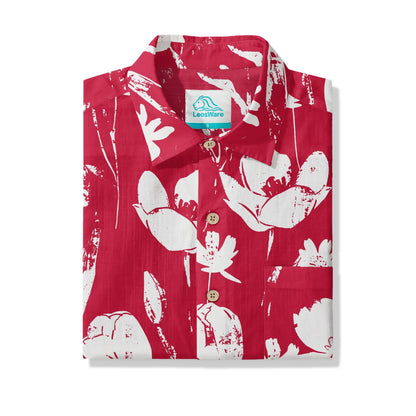 LeosWare® Flower Men's Hawaiian Shirt Short Sleeve Button-up 100% Cotton Red Aloha Red Earth Aroma