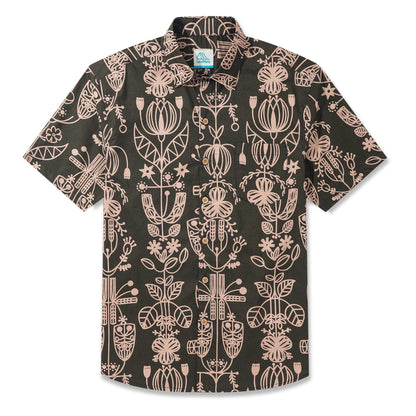 LeosWare® Men's Hawaiian Shirt Short Sleeve Button-up 100% Cotton Brown Aloha Olive Green And Light Pink Artistic Floral Decoration