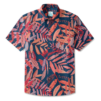 LeosWare® Plant Men's Hawaiian Shirt Short Sleeve Button-up 100% Cotton Red Aloha Crimson Leaf Jungle