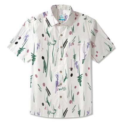LeosWare® Men's Hawaiian Shirt Short Sleeve Button-up 100% Cotton Green Aloha Whimsical Traces