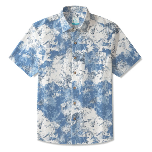 LeosWare® Men's Hawaiian Shirt Short Sleeve Button-up 100% Cotton Blue Aloha Blue And White Abstract Dream