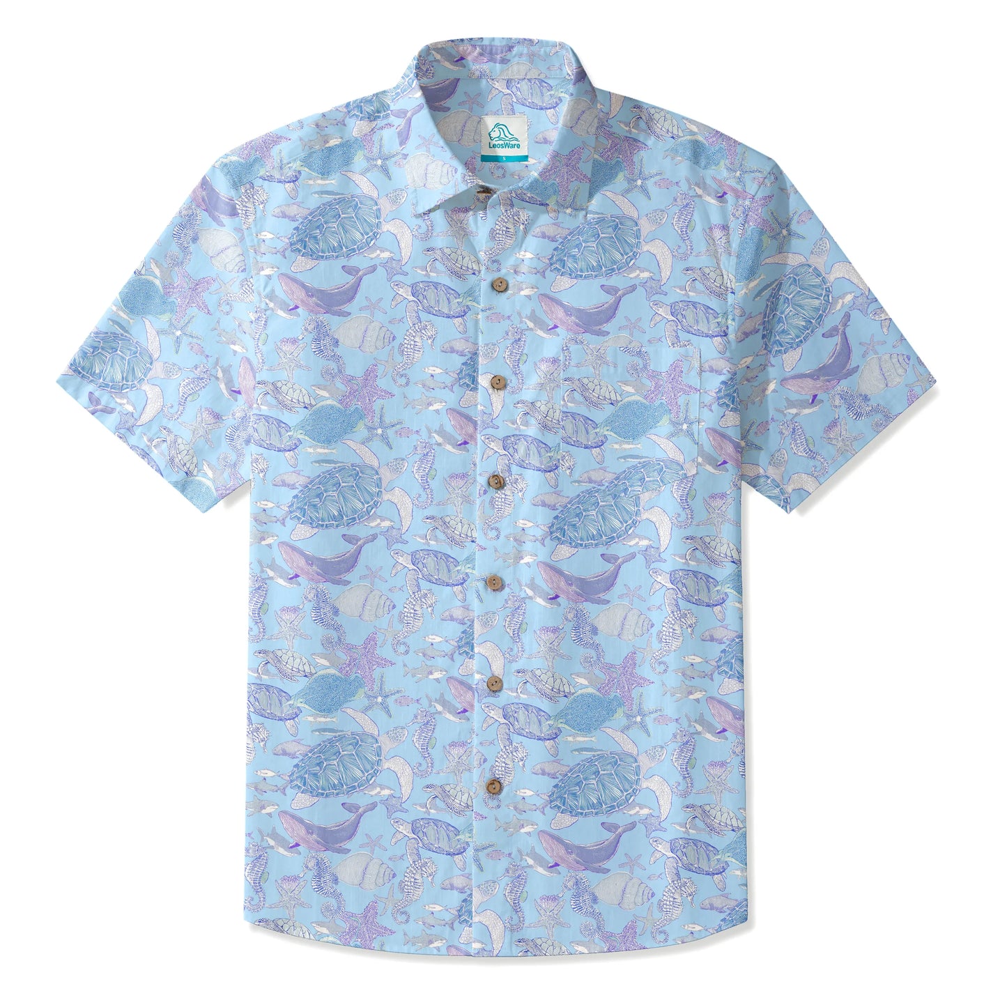 LeosWare® Men's Hawaiian Shirt Short Sleeve Button-up 100% Cotton Blue Aloha Sea Turtle Serenade