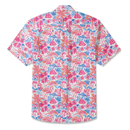 LeosWare® Men's Hawaiian Shirt Short Sleeve Button-up 100% Cotton Aloha Tropical Fire Bay