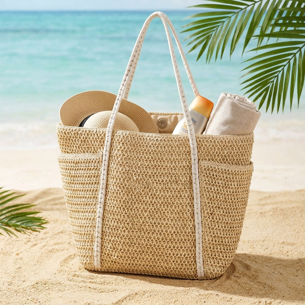 Summer Straw Tote – Women’s Large Shoulder Beach Bag, Patchwork Handwoven Purse