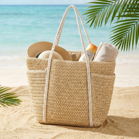 Summer Straw Tote – Women’s Large Shoulder Beach Bag, Patchwork Handwoven Purse