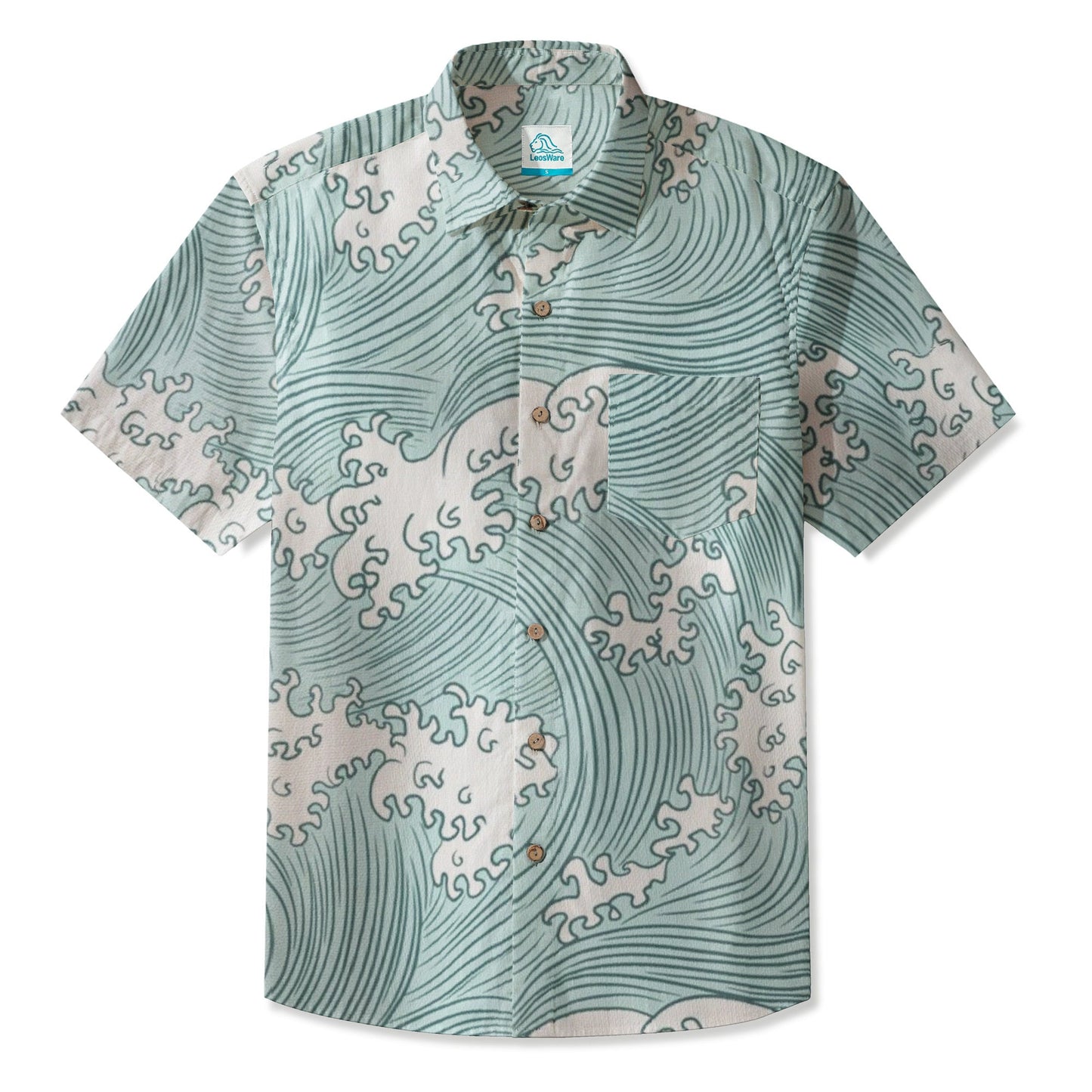 LeosWare® Men's Hawaiian Shirt Short Sleeve Button-up 95% Polyester, 5% Spandex Aloha Wave Of Aqua