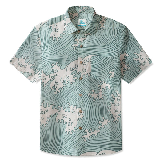 LeosWare® Men's Hawaiian Shirt Short Sleeve Button-up 95% Polyester, 5% Spandex Aloha Wave Of Aqua
