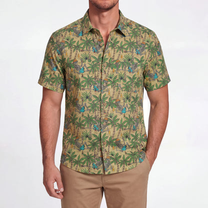 LeosWare® Men's Hawaiian Shirt Short Sleeve Button-up 100% Cotton Green Aloha Skeleton's Coconut Beach Vacation
