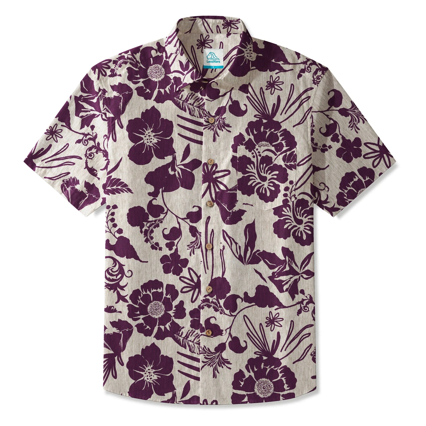LeosWare® Men's Hawaiian Shirt Short Sleeve Button-up 100% Cotton Red Aloha Floral Silhouette