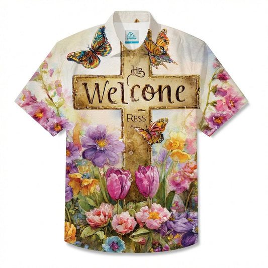 LeosWare® Men's Hawaiian Shirt Short Sleeve Button-up Breathable & Quick-Dry Aloha Easter Faith Cross - A Symbol Of Hope And Renewal.