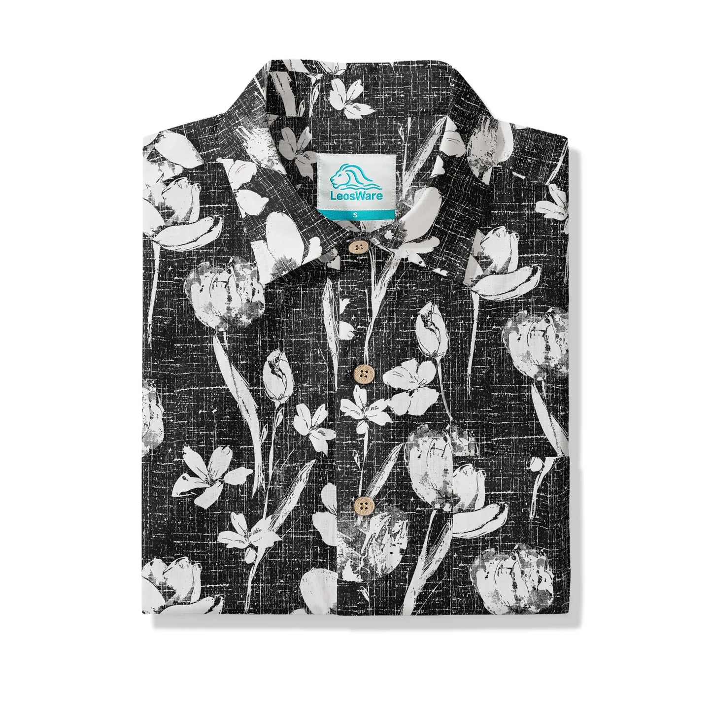 LeosWare® Flower Men's Hawaiian Shirt Short Sleeve Button-up 100% Cotton Black Aloha Ink Strokes And Flower Traces