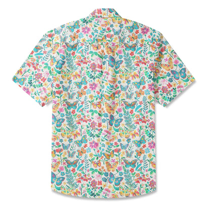 LeosWare® Men's Hawaiian Shirt Short Sleeve Button-up 100% Cotton Blue Aloha Dance Of The Butterfly Blossom Collection
