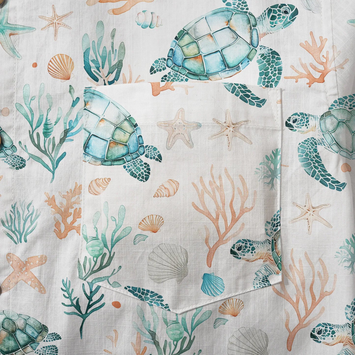 LeosWare® Men's Hawaiian Shirt Short Sleeve Button-up 100% Cotton Blue Aloha Coral Wonderland Of The Sea Turtle