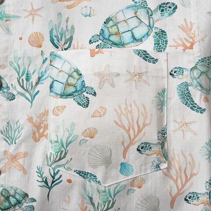 LeosWare® Men's Hawaiian Shirt Short Sleeve Button-up 100% Cotton Blue Aloha Coral Wonderland Of The Sea Turtle