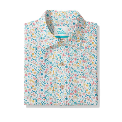 LeosWare® Flower Men's Hawaiian Shirt Short Sleeve Button-up 100% Cotton Beige Aloha Spring Whispers