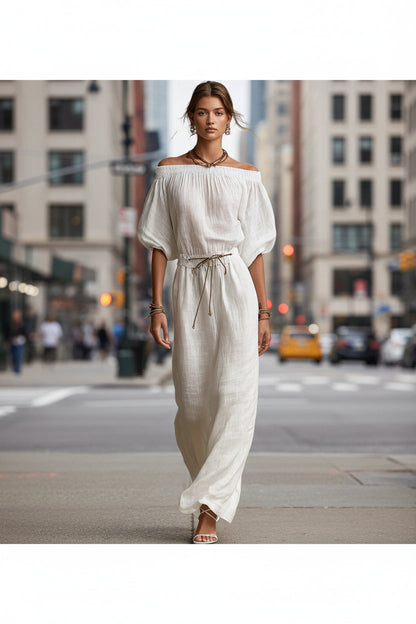Women's Linen Pants Suit – Solid Color Lantern Sleeve Set