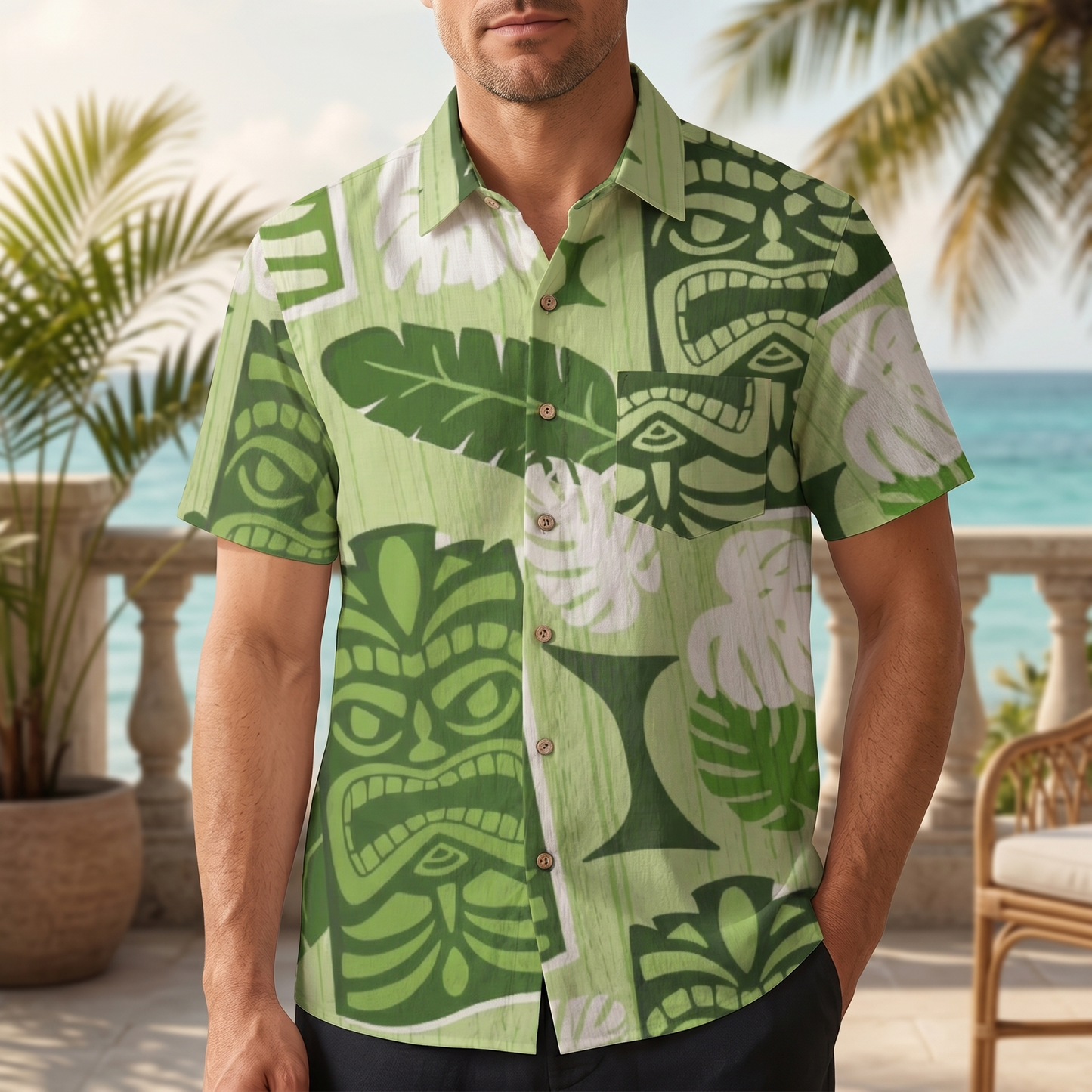 LeosWare® Men's Hawaiian Shirt Short Sleeve Button-up 95% Polyester, 5% Spandex Aloha Green Tiki