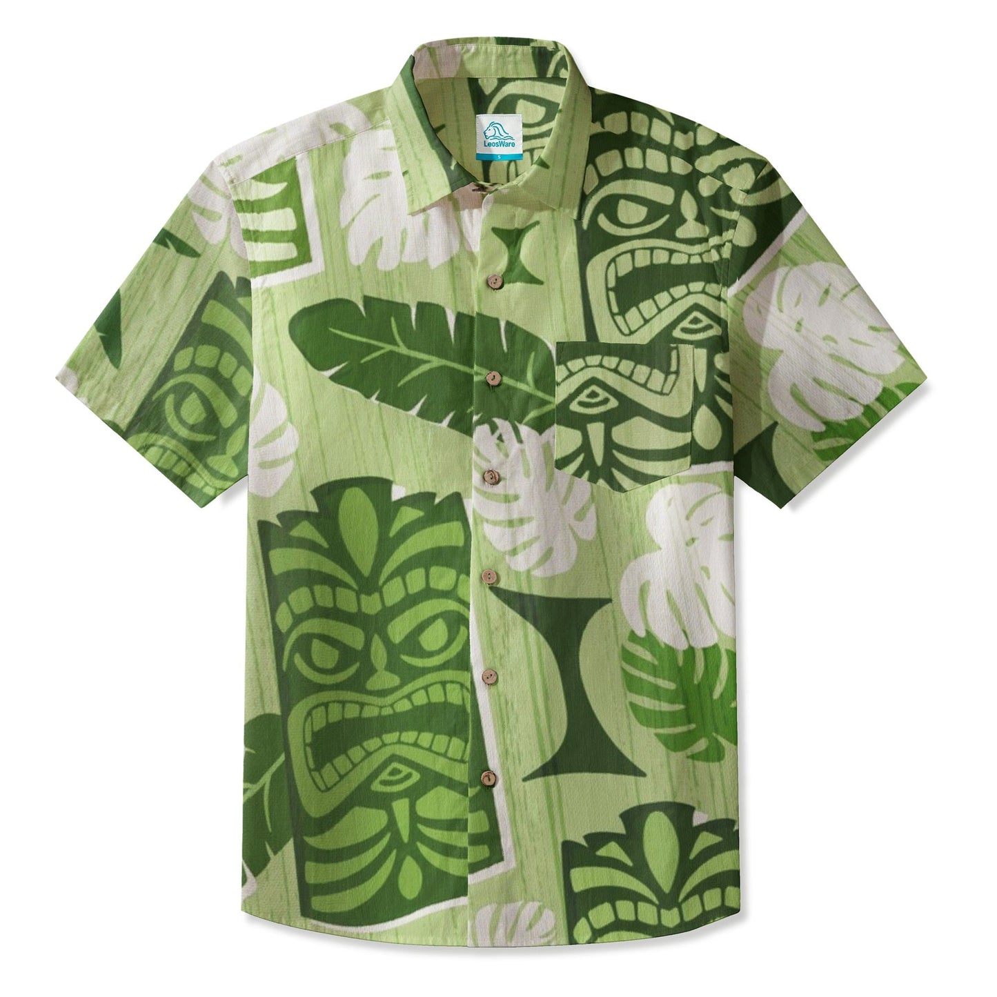 LeosWare® Men's Hawaiian Shirt Short Sleeve Button-up 95% Polyester, 5% Spandex Aloha Green Tiki