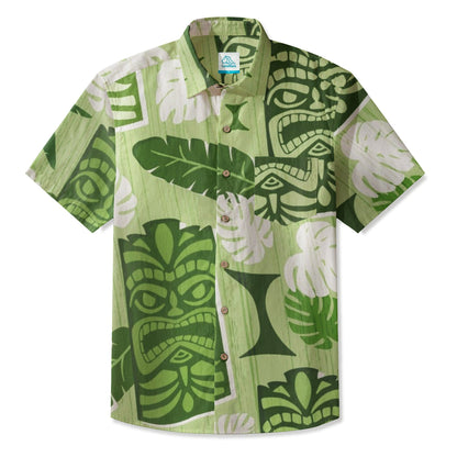 LeosWare® Men's Hawaiian Shirt Short Sleeve Button-up 95% Polyester, 5% Spandex Aloha Green Tiki
