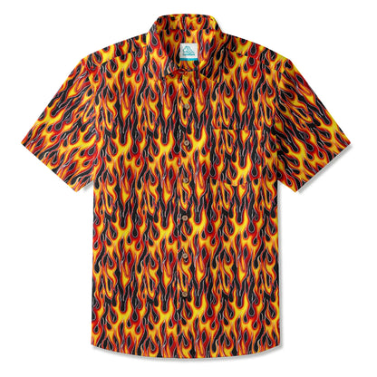 LeosWare® Flames Men's Hawaiian Shirt Short Sleeve Button-up 100% Cotton Yellow Aloha Flame Surge