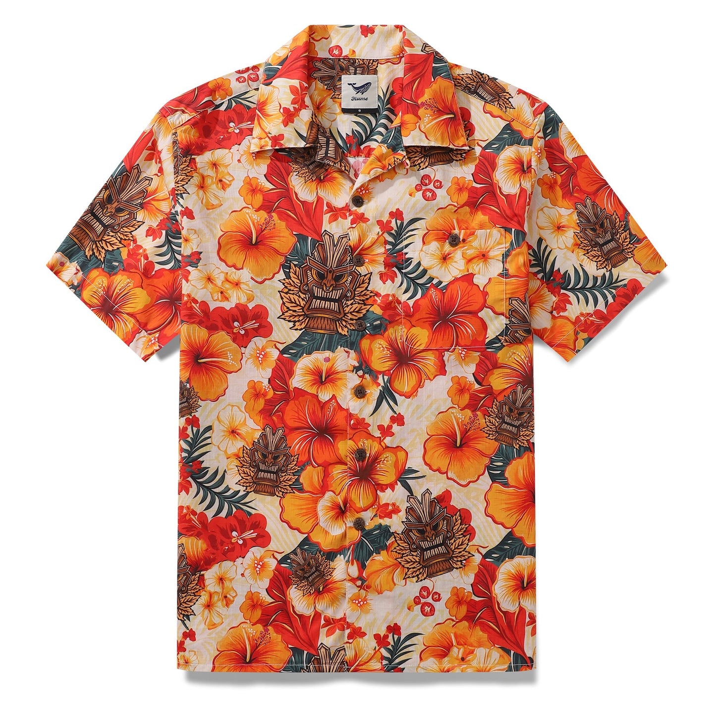 Tiki Hawaiian Shirt For Men Designer Floral Shirt Camp Collar 100% Cotton