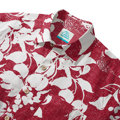 LeosWare® Flower Men's Hawaiian Shirt Short Sleeve Button-up 100% Cotton Red Aloha Crimson Blossom Harmony