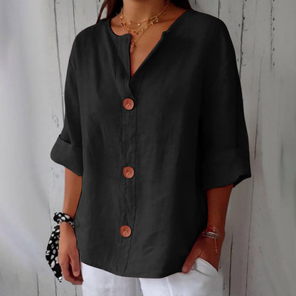 Women’s V-Neck Cotton Linen Buttoned Blouse