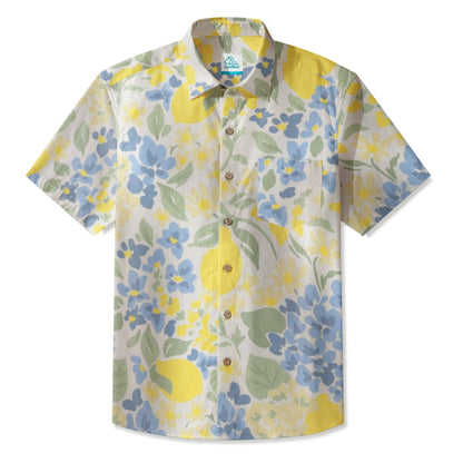 LeosWare® Men's Hawaiian Shirt Short Sleeve Button-up 95% Polyester, 5% Spandex Aloha Zesty Lemonveil