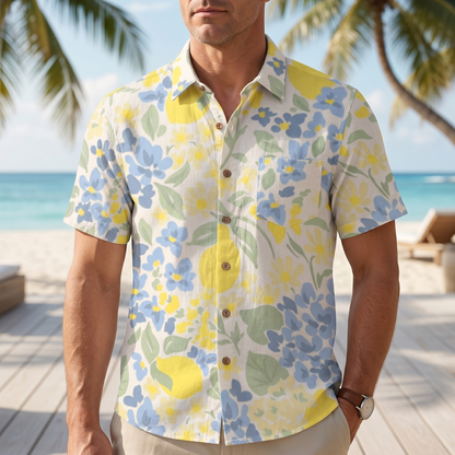 LeosWare® Men's Hawaiian Shirt Short Sleeve Button-up 95% Polyester, 5% Spandex Aloha Zesty Lemonveil