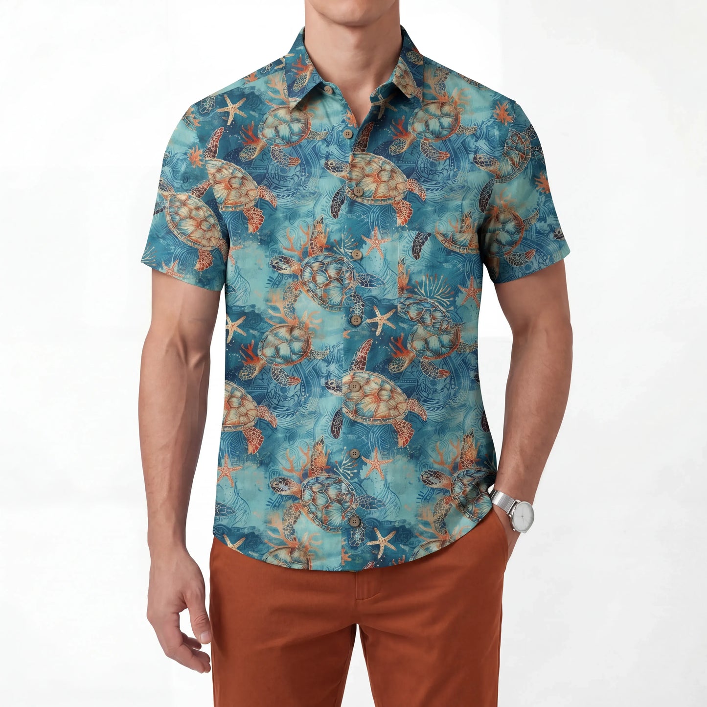 LeosWare® Men's Hawaiian Shirt Short Sleeve Button-up 100% Cotton Blue Aloha Golden Turtle Sea