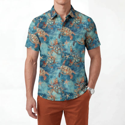 LeosWare® Men's Hawaiian Shirt Short Sleeve Button-up 100% Cotton Blue Aloha Golden Turtle Sea