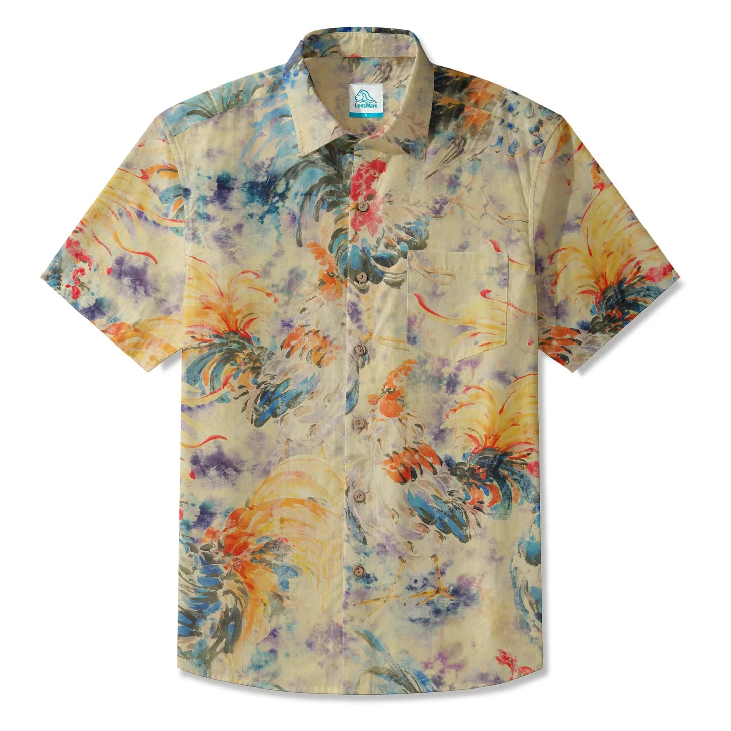 LeosWare® Men's Hawaiian Shirt Short Sleeve Button-up 100% Cotton Orange Aloha Enchanting Rooster