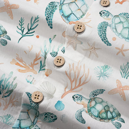 LeosWare® Men's Hawaiian Shirt Short Sleeve Button-up 100% Cotton Blue Aloha Coral Wonderland Of The Sea Turtle