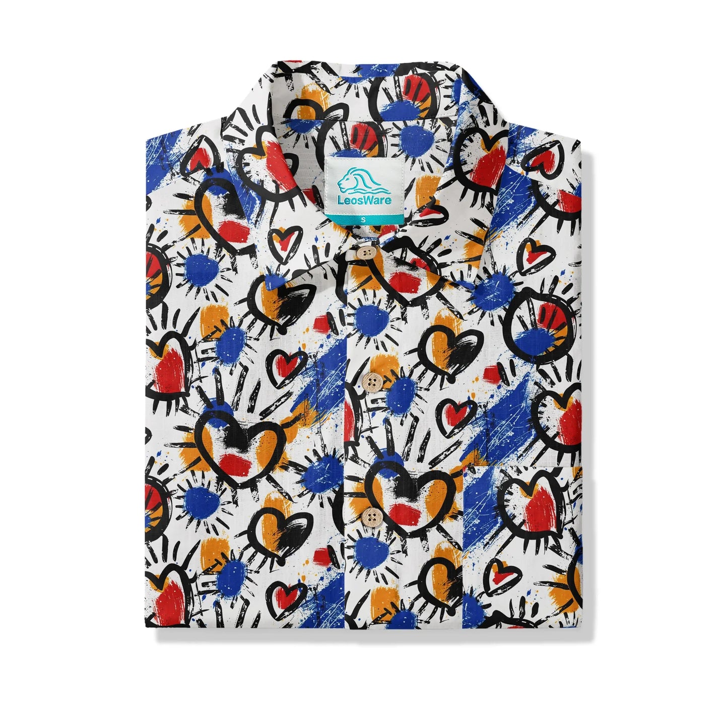LeosWare® Men's Hawaiian Shirt Short Sleeve Button-up 100% Cotton White Aloha Color Clash Heart Mango