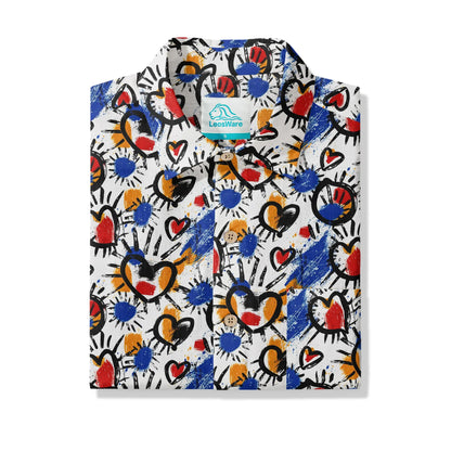 LeosWare® Men's Hawaiian Shirt Short Sleeve Button-up 100% Cotton White Aloha Color Clash Heart Mango