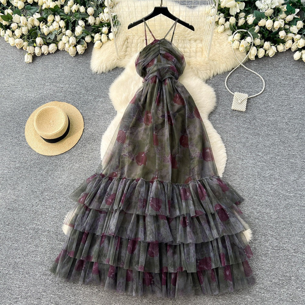 Vacation Halter Sleeveless Printed Dress – Tiered Mesh Cake Skirt, Flowy Summer Maxi