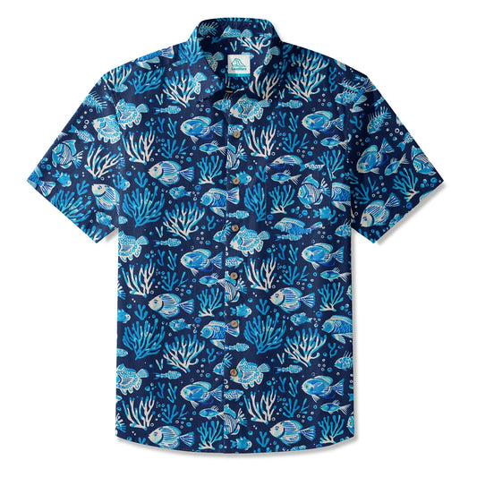 LeosWare® Men's Hawaiian Shirt Short Sleeve Button-up 100% Cotton Blue Coral Aloha Deep Blue Fish Whisper