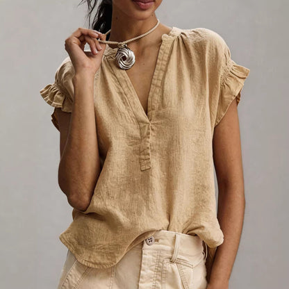 V-Neck Petal Sleeve Cotton-Linen Solid Top – 4 Colors, S–2XL