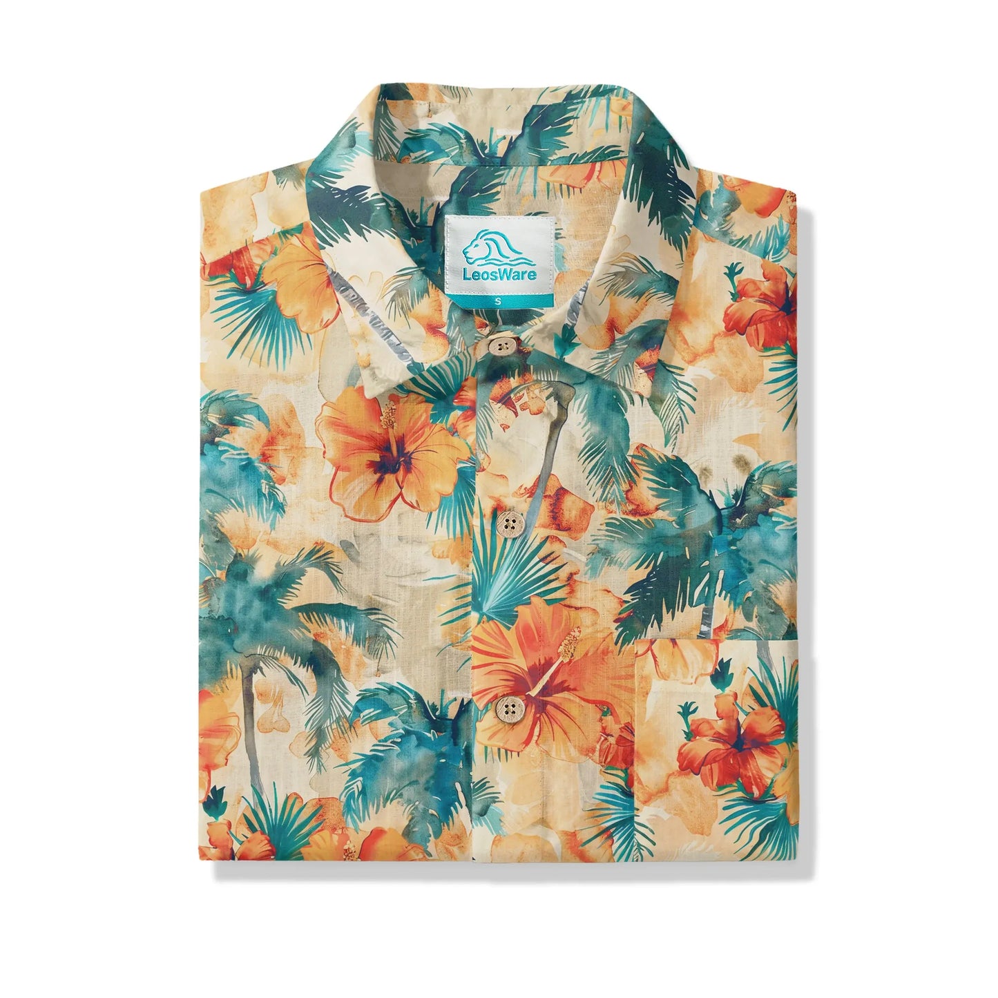 LeosWare® Men's Hawaiian Shirt Short Sleeve Button-up 100% Cotton Orange Aloha Sunset Orange Coconut Breeze
